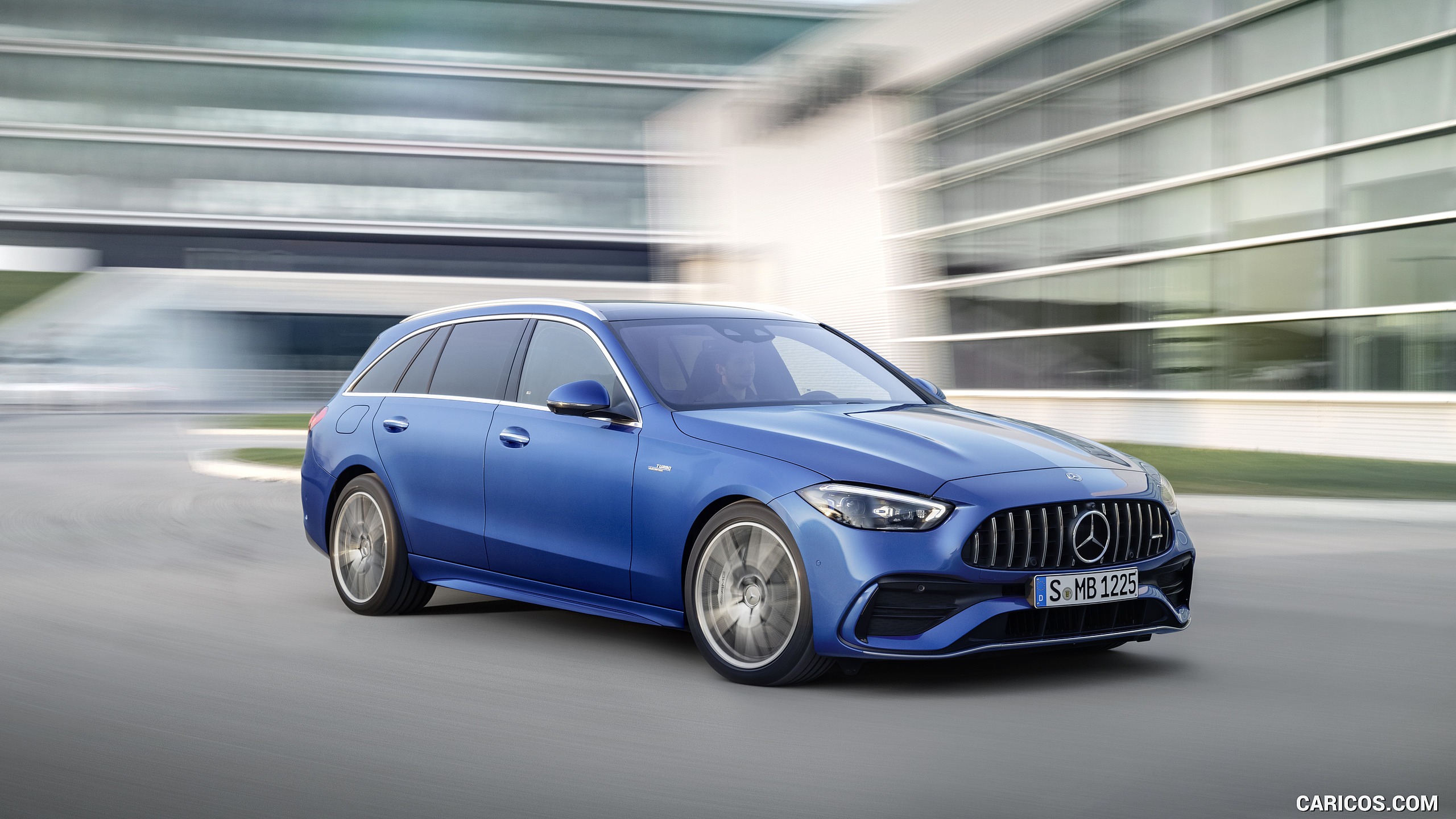 2023 Mercedes-AMG C 43 Estate 4MATIC T-Modell (Color: Spectral Blue) - Front Three-Quarter, #10 of 29