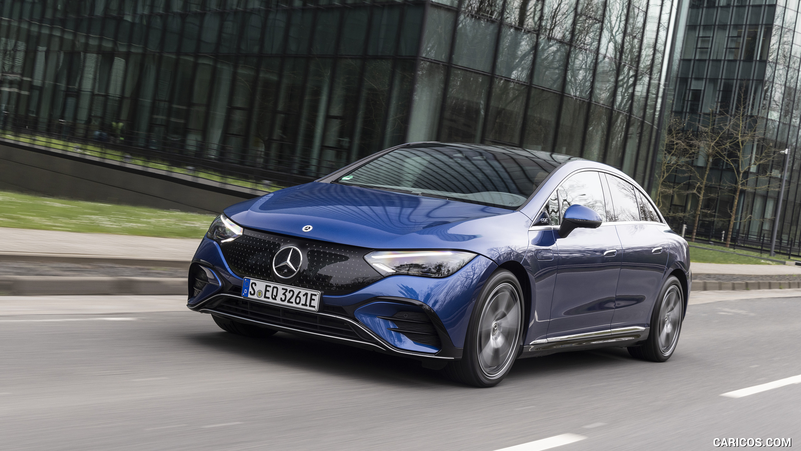 2023 Mercedes-Benz EQE 500 AMG Line 4MATIC (Color: Spectral Blue) - Front Three-Quarter, #112 of 209